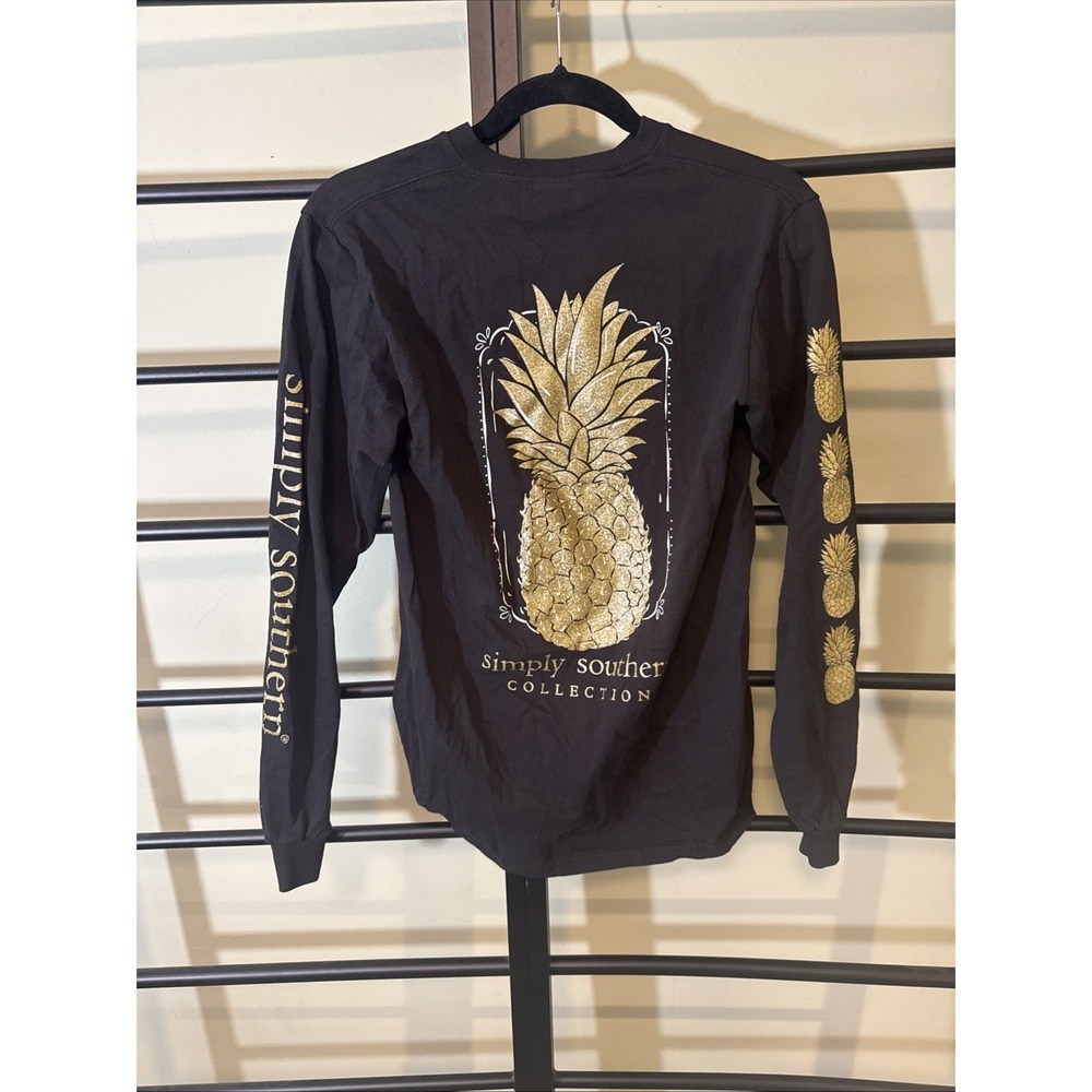 Simply Southern Pineapple T Shirt Long Sleeve Gold Glitter Black Small
